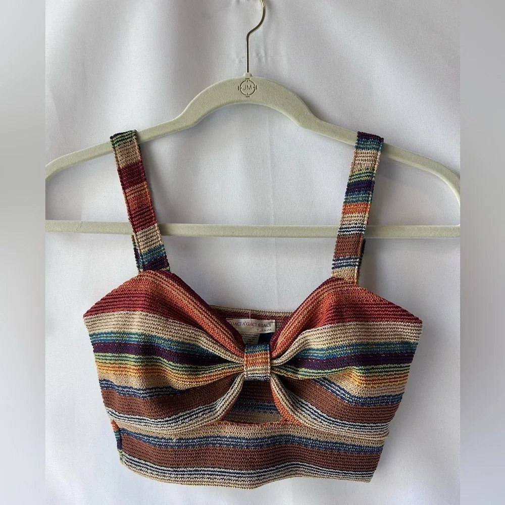 a'gaci Brown and Blue Sleeveless Tie Front Crop Tank Top - Picture 3 of 4